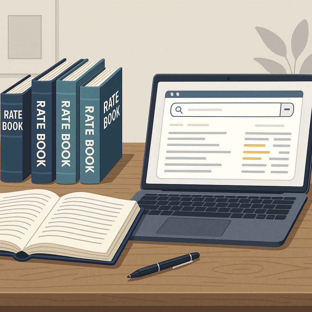 A detailed illustration of an estimator's desk with traditional rate books on one side and a sleek AI-powered software i...