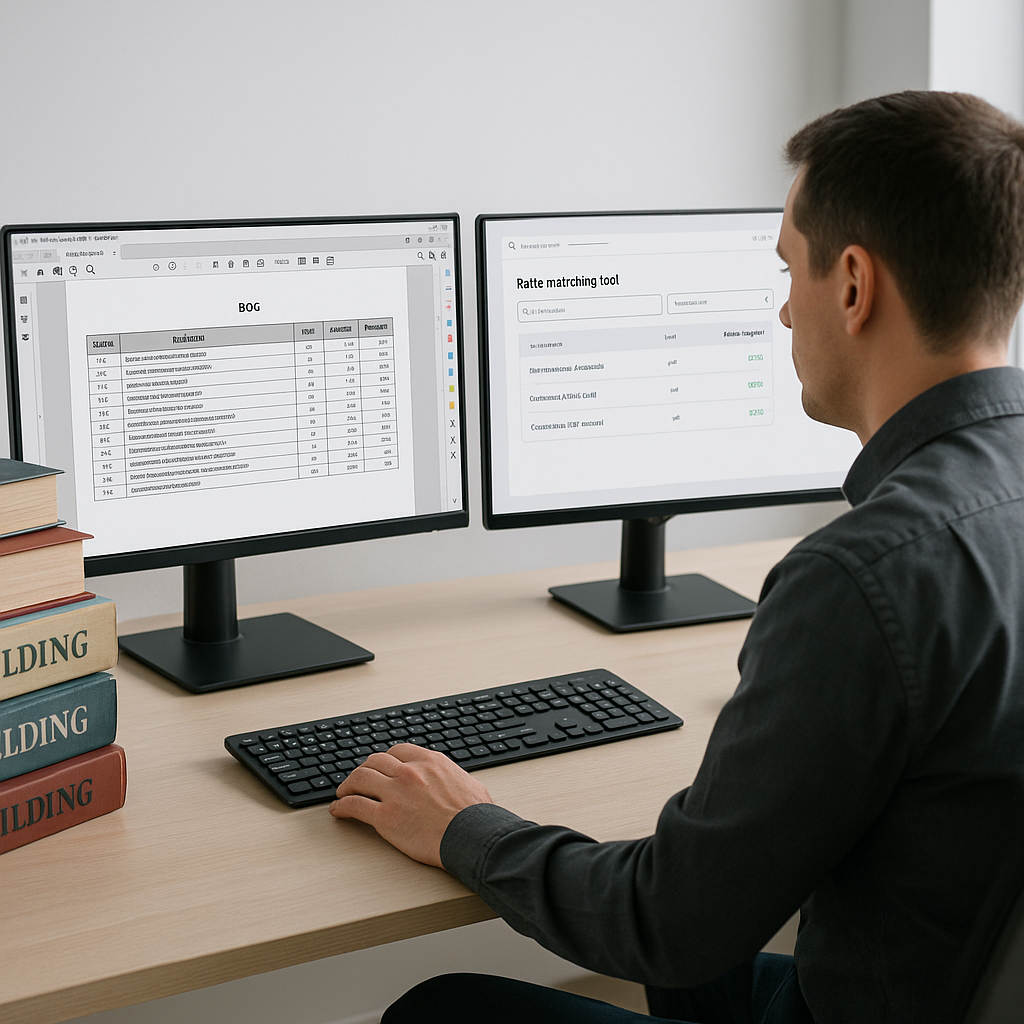 A construction estimator at a desk with dual monitors, one showing a PDF of a BOQ and the other displaying an AI-powered...