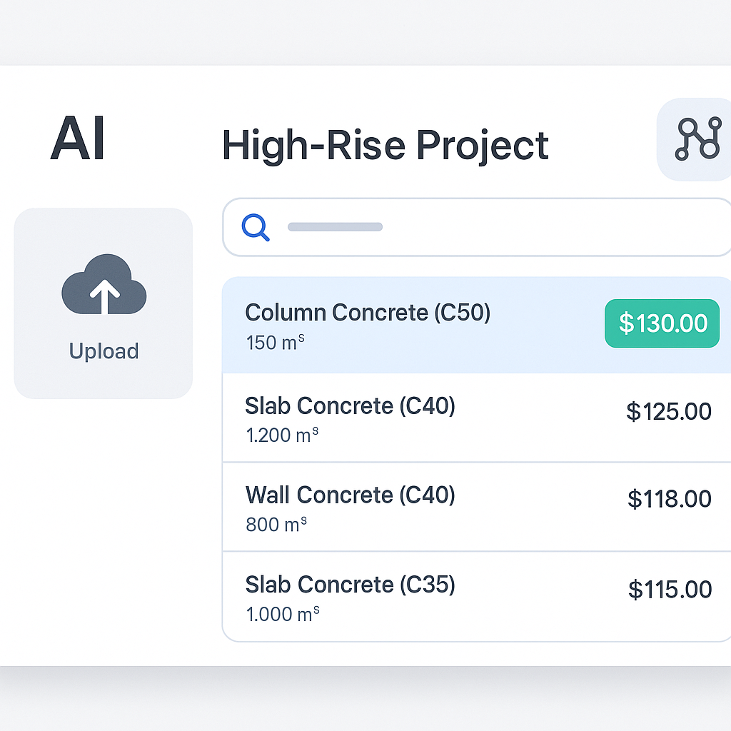 An AI-powered estimation tool interface with a BOQ upload process, semantic search results, and highlighted rate matches...