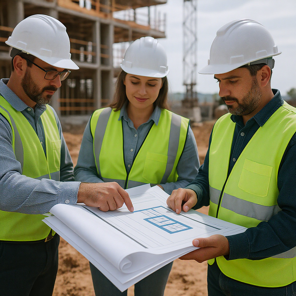 A construction site with workers and subcontractors reviewing blueprints on a tablet, showing real-time data on-screen.