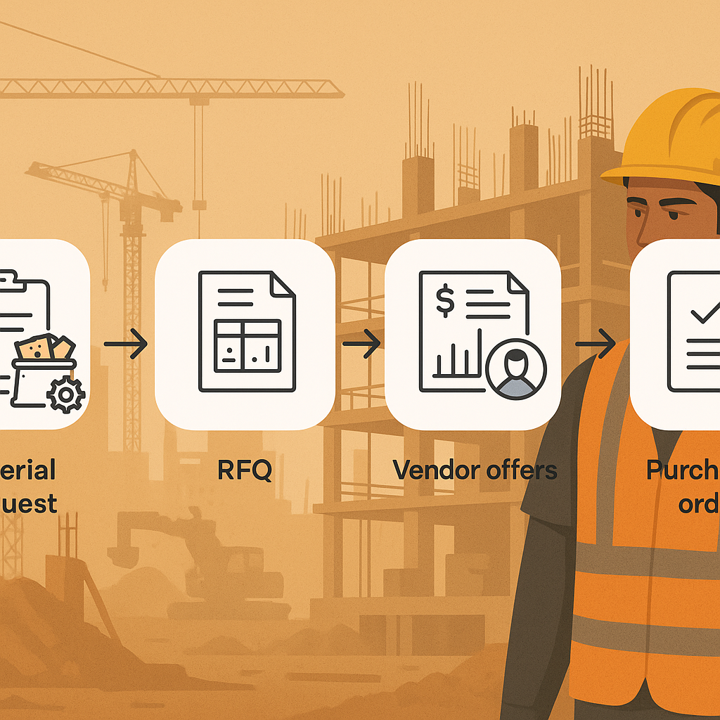 A construction procurement workflow visualized in a clean, modern style: material request, RFQ, vendor offers, purchase...
