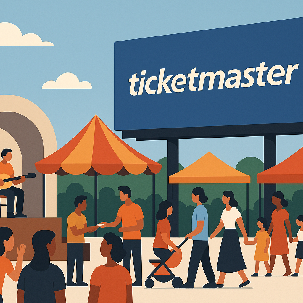 Illustration of a community event (e.g., cultural festival or local charity fundraiser) juxtaposed with a giant Ticketma...
