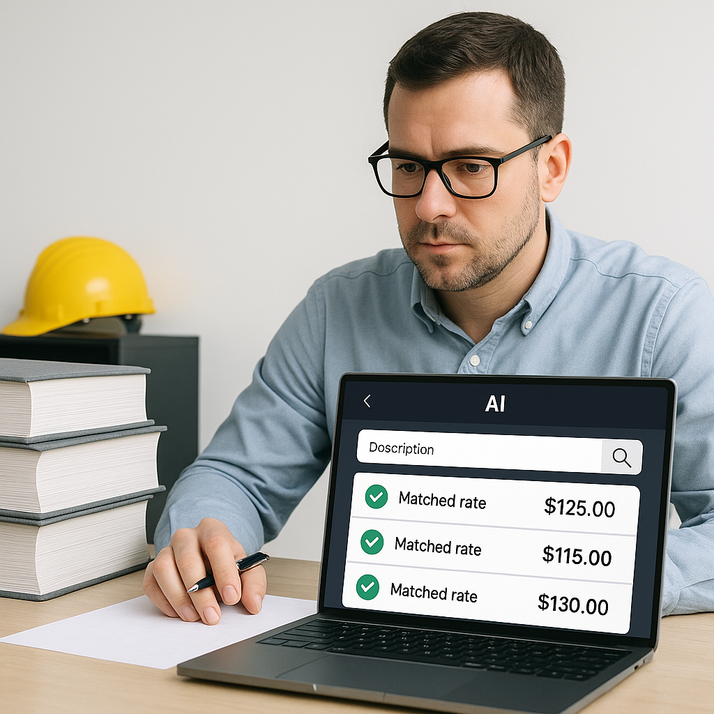A construction estimator at a desk, surrounded by thick rate books, looking at a laptop with a sleek AI interface showin...