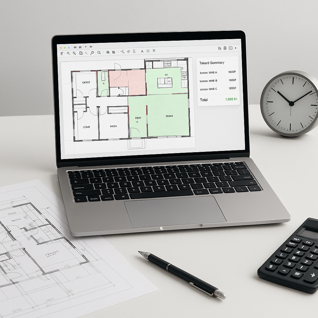 A modern construction estimator's desk with a laptop showing AI-powered takeoff software, a PDF of building blueprints,...