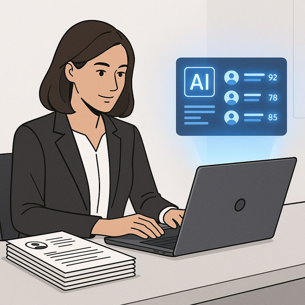 A recruiter sitting at a desk with a laptop, a stack of resumes to one side, and an AI dashboard glowing on the screen,...