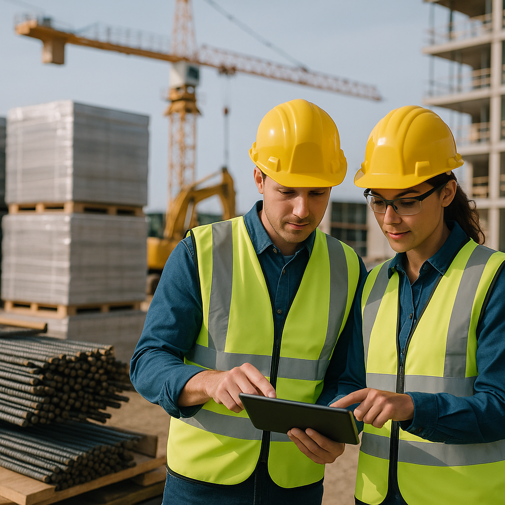 A construction site with workers reviewing procurement documents on tablets, surrounded by stacks of materials and machi...