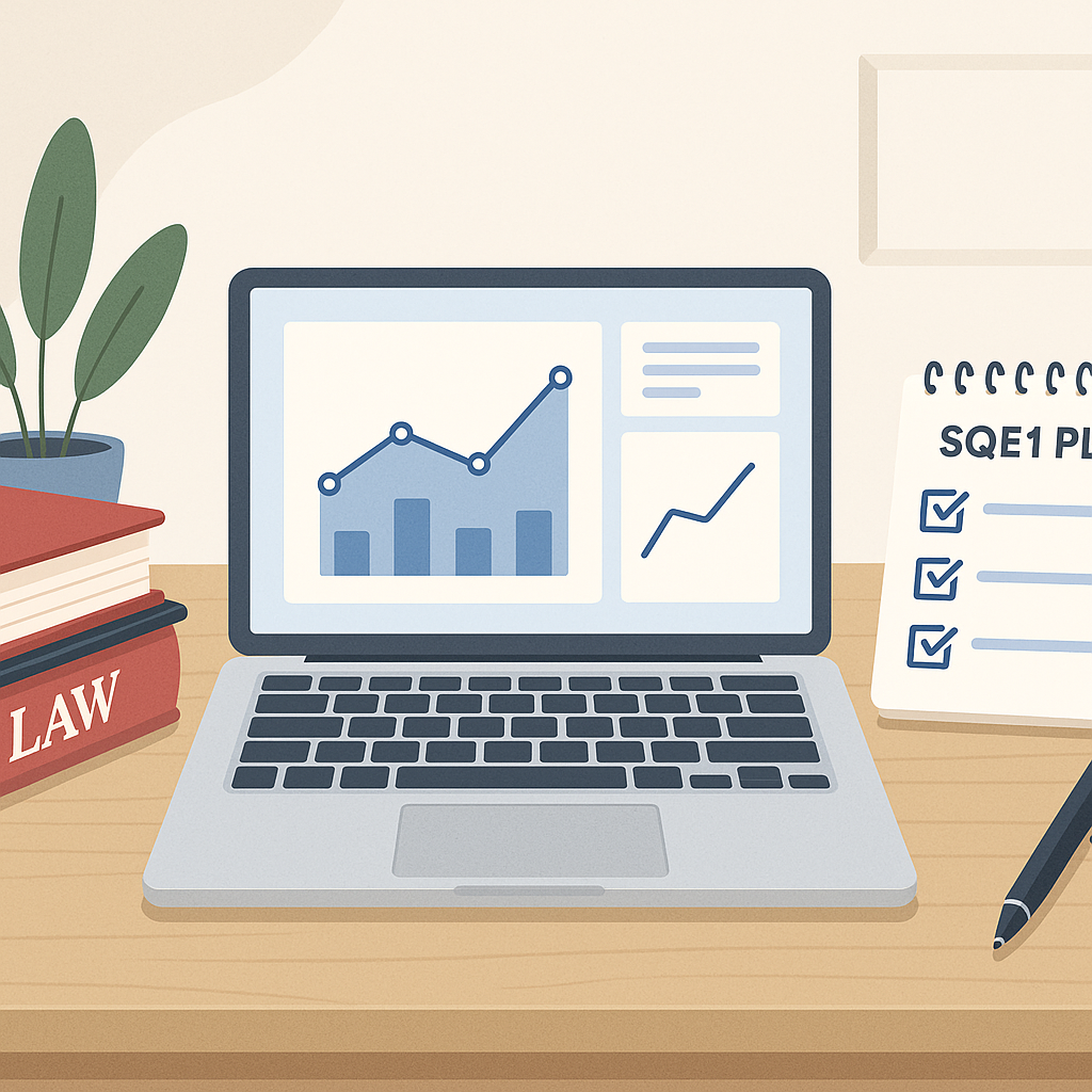 A clean illustrated desk setup with a laptop displaying analytics, a stack of law books, and a checklist titled 'SQE1 St...
