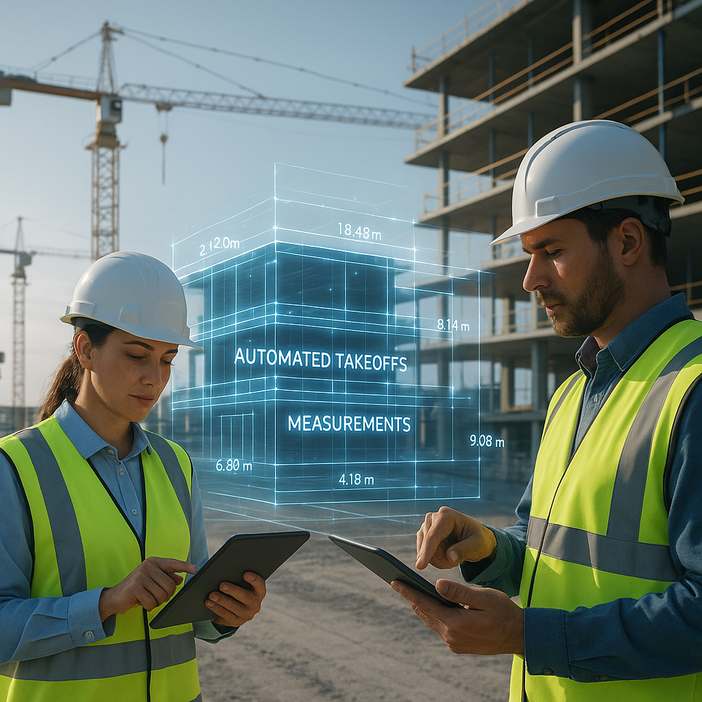 A futuristic construction site with engineers using AI-powered tools on tablets, with a digital overlay showing automate...