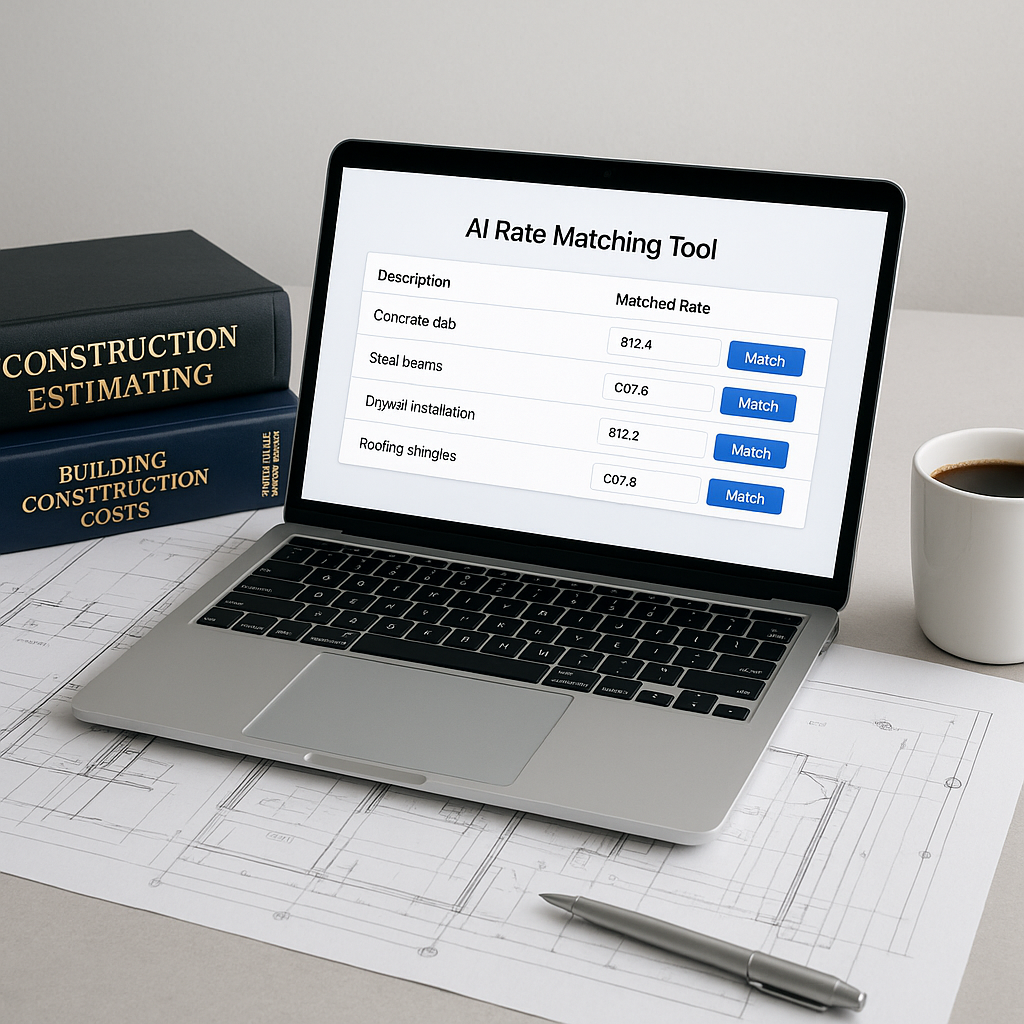 A construction estimator's desk with a laptop showing an AI rate-matching tool interface, surrounded by physical rate bo...