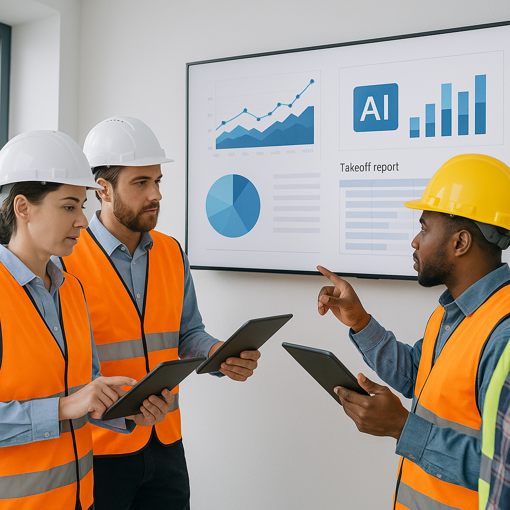 A team of construction estimators in safety gear collaborating around tablets and screens, with AI-generated charts and...