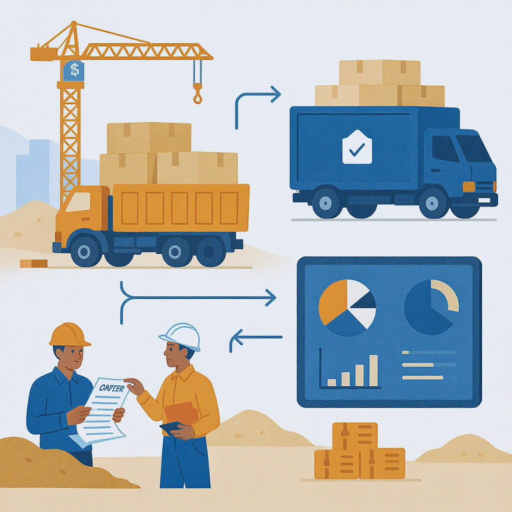 Illustration of a construction site procurement workflow: workers reviewing purchase orders, vendor trucks delivering ma...
