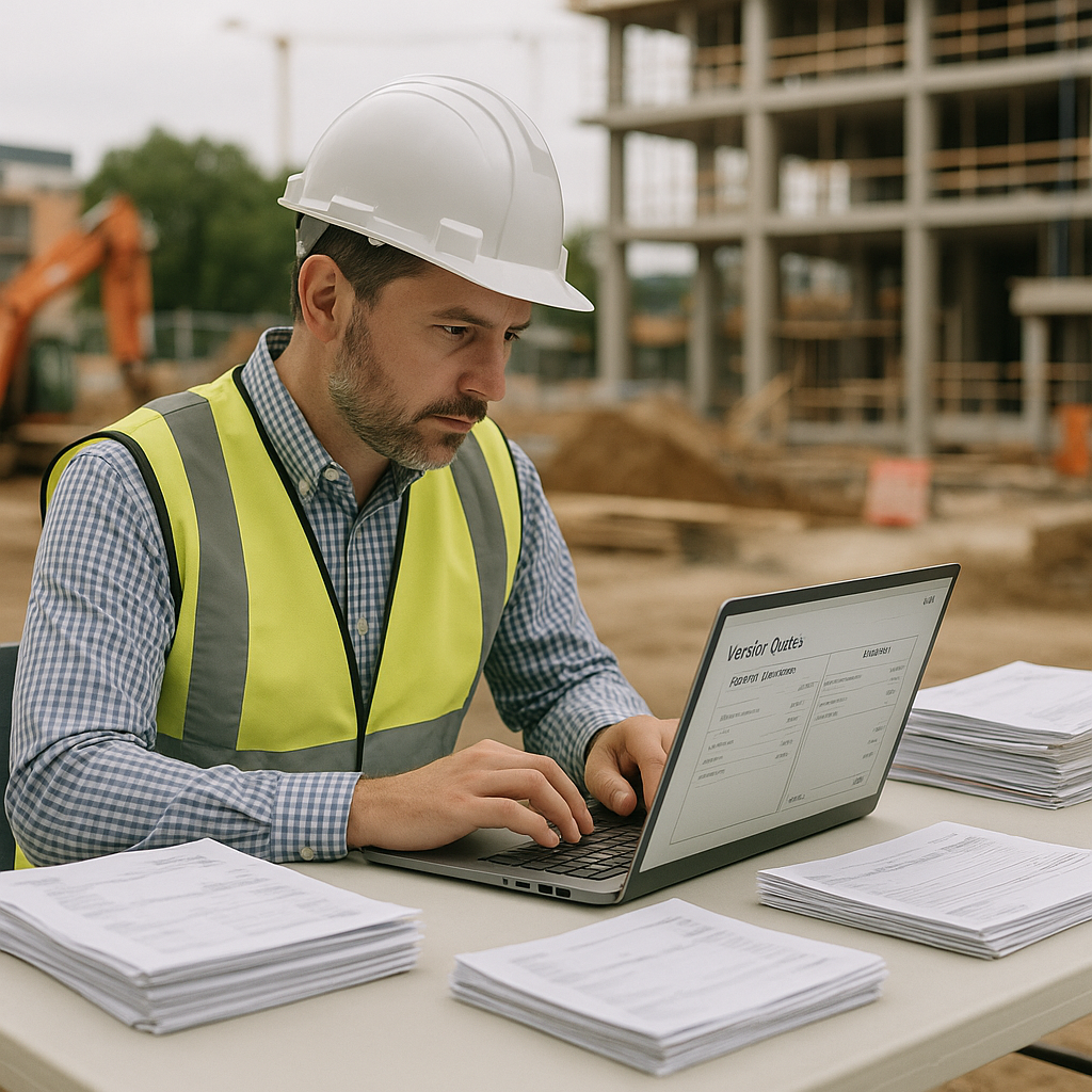 A mid-size construction site's procurement manager comparing vendor quotes on a laptop screen, with stacks of material r...