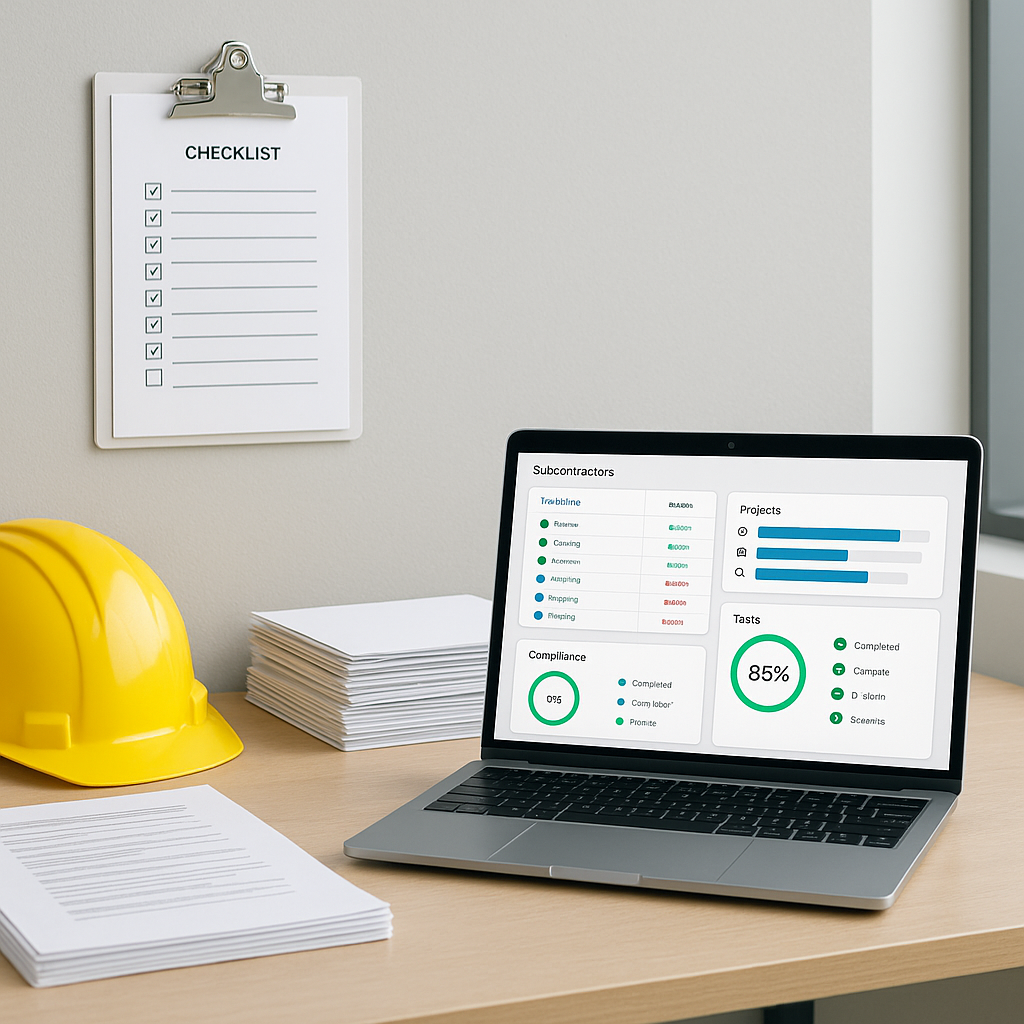 A construction site office with a checklist pinned to a wall, documents neatly stacked, and a laptop showing a subcontra...