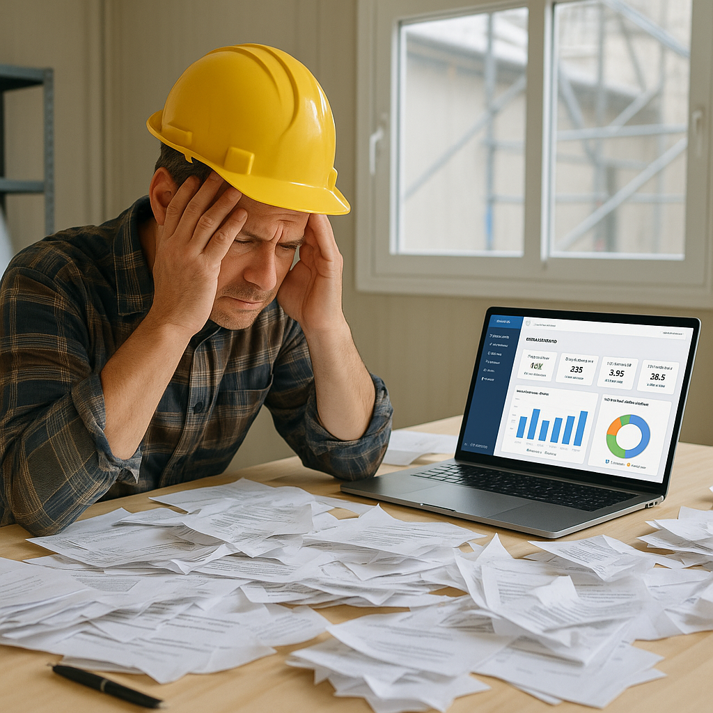 A frustrated contractor in a site office surrounded by messy paperwork and a laptop showing a clean ERP procurement dash...
