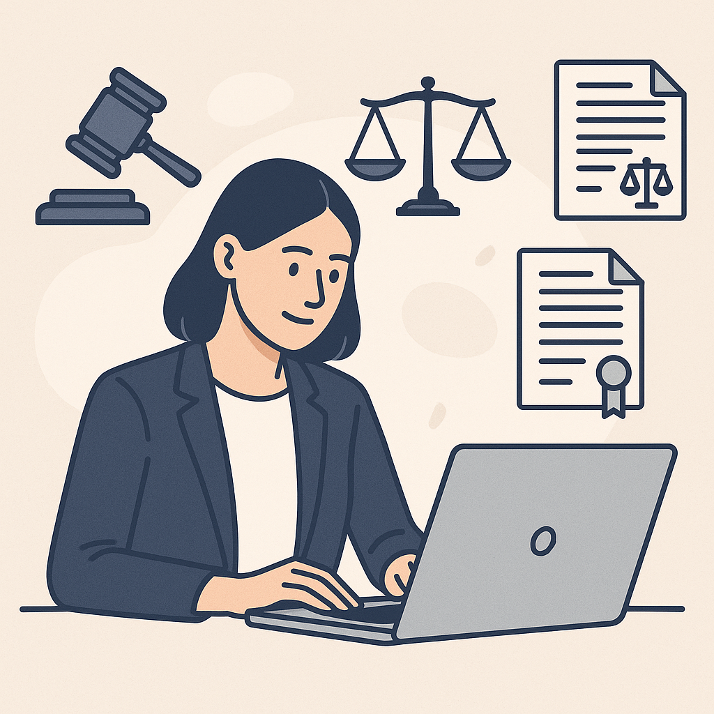 An illustration of a paralegal studying for the SQE exam on a laptop, with legal-themed icons like a gavel, scales, and...
