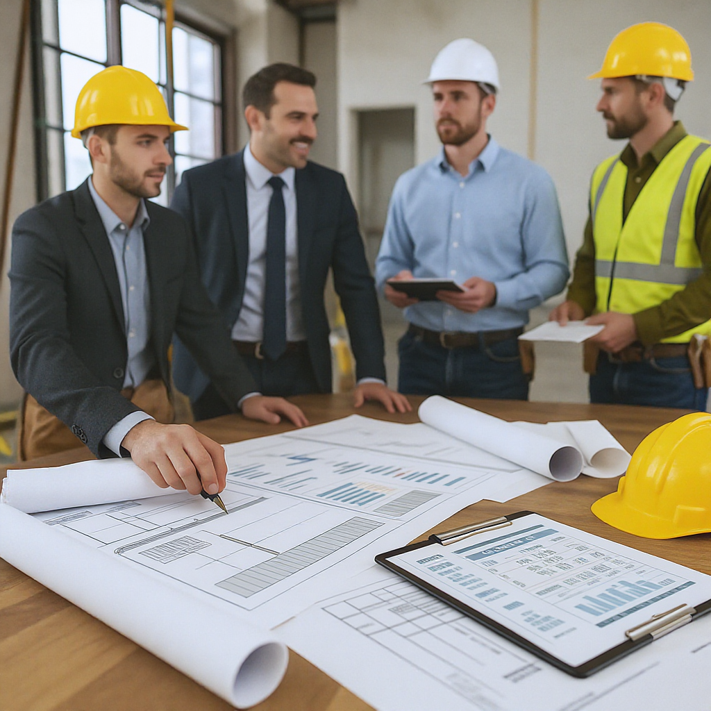 A professional construction site bidding process in action, with blueprints, cost spreadsheets, and a contractor team di...