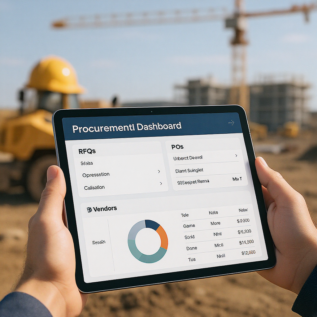 A visual representation of a digital procurement dashboard being used on a tablet at a construction site, showing RFQs,...