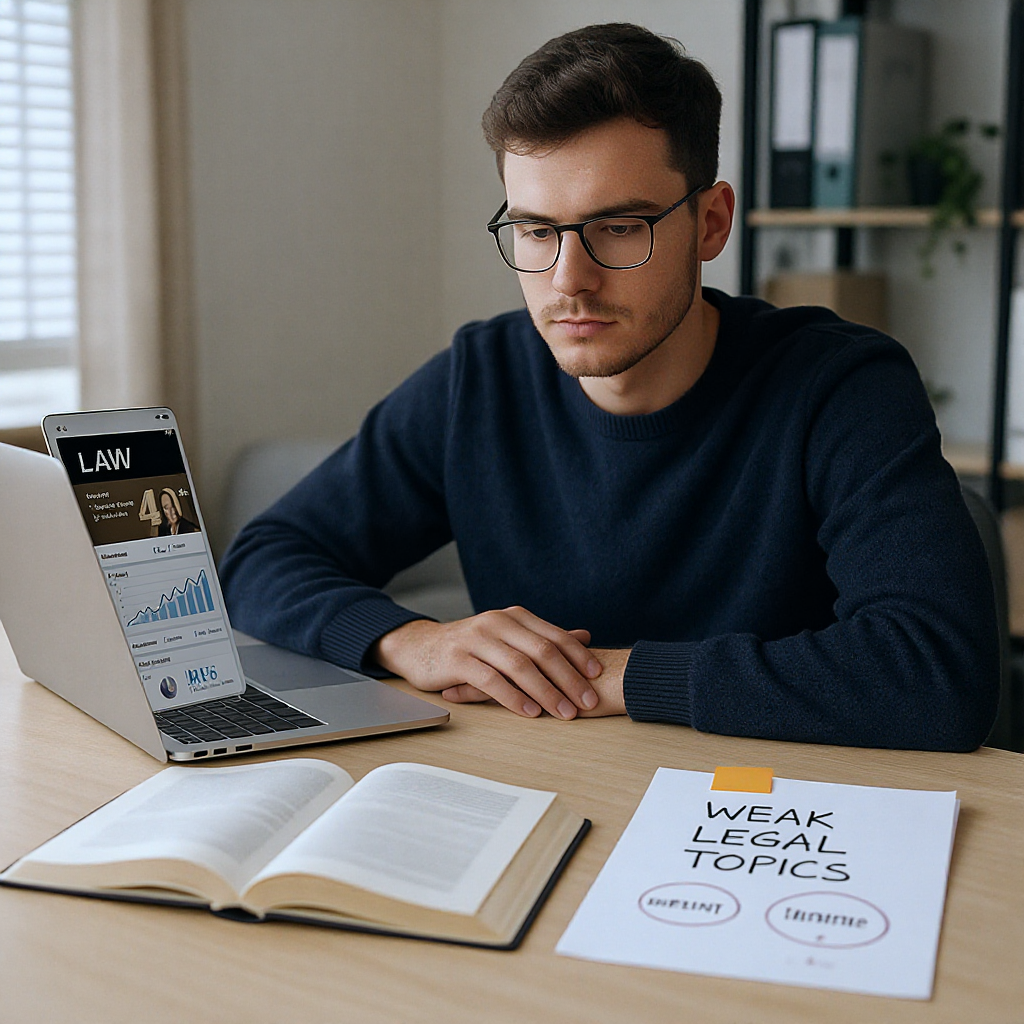 A focused student at a desk with open law textbooks, a laptop showing a performance analytics dashboard, and highlighted...