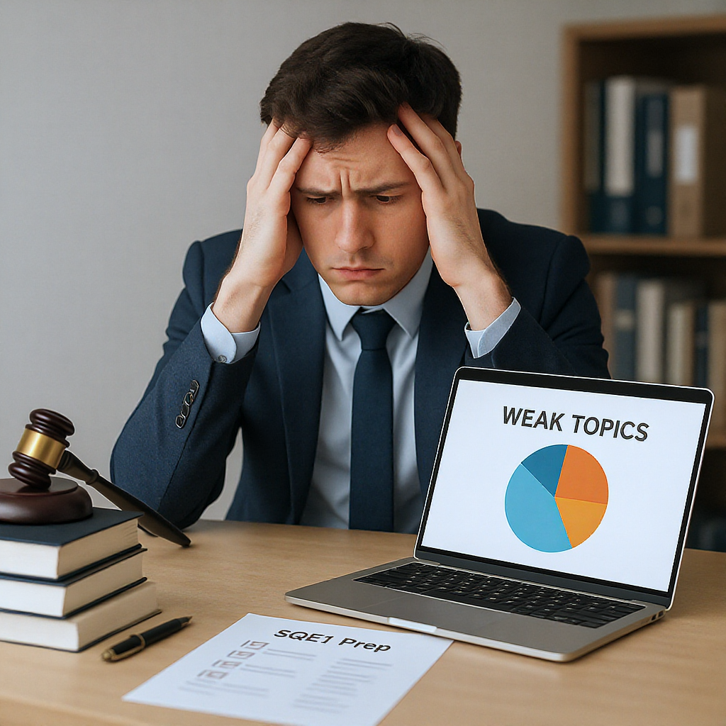 A stressed law student sitting at a desk with books, a laptop displaying a pie chart of weak topics, and a checklist tit...