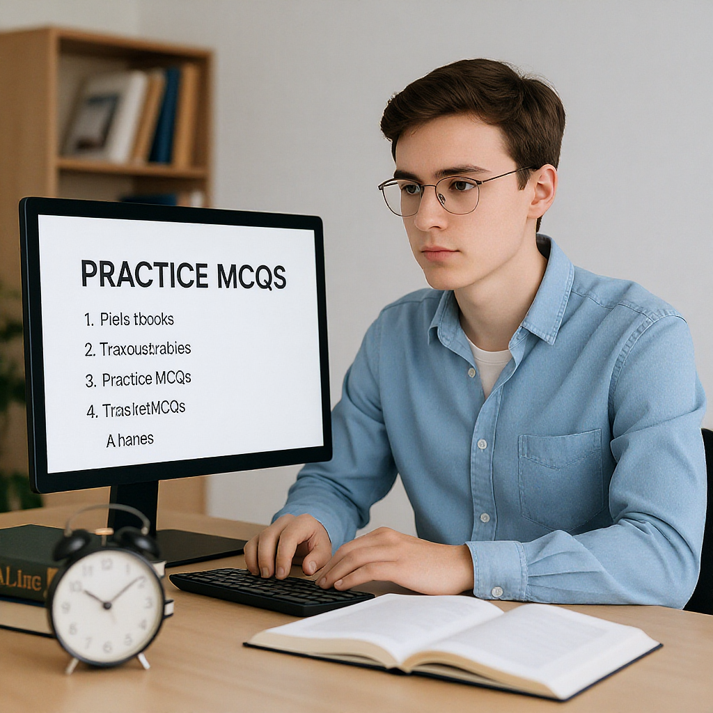 A focused law student sitting at a desk with practice MCQs on a computer screen, surrounded by legal textbooks and a tim...