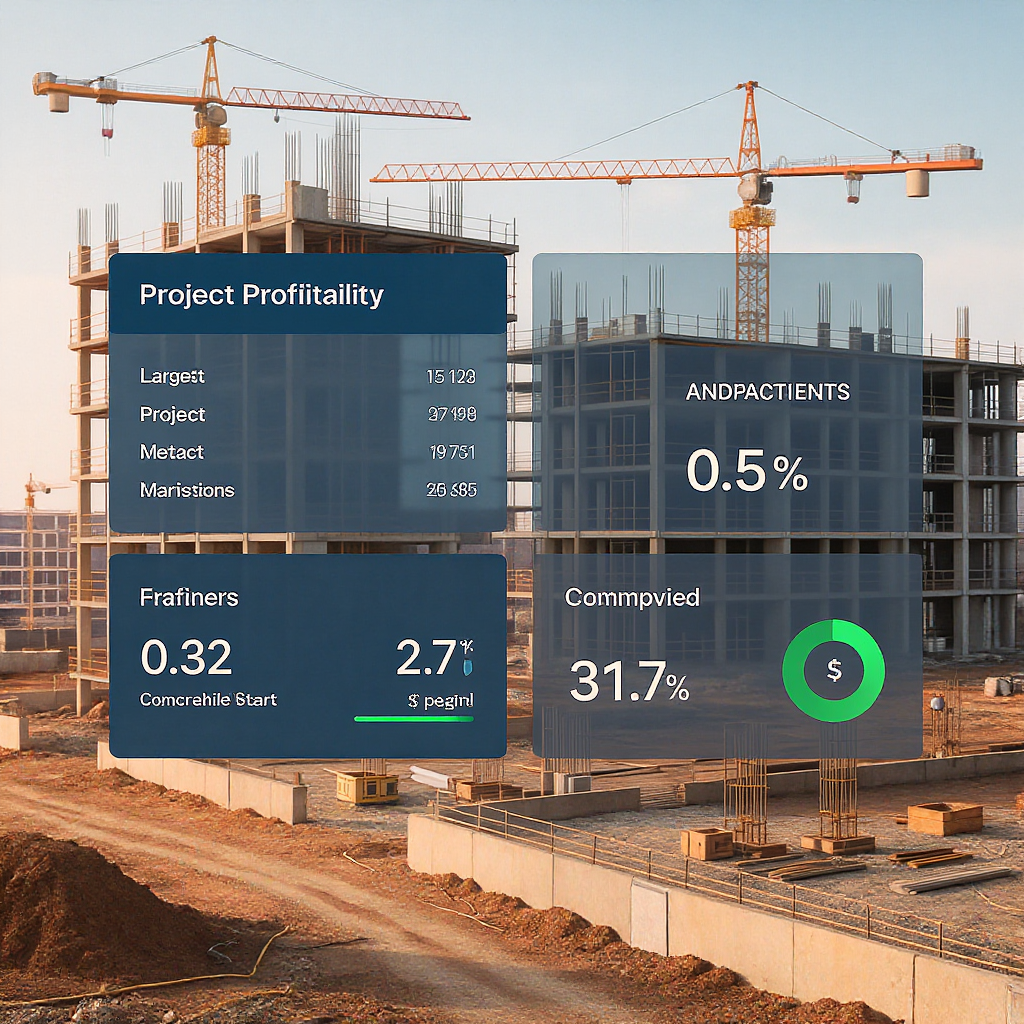 A construction site with multiple ongoing projects, overlaid with a modern dashboard interface showing real-time project...