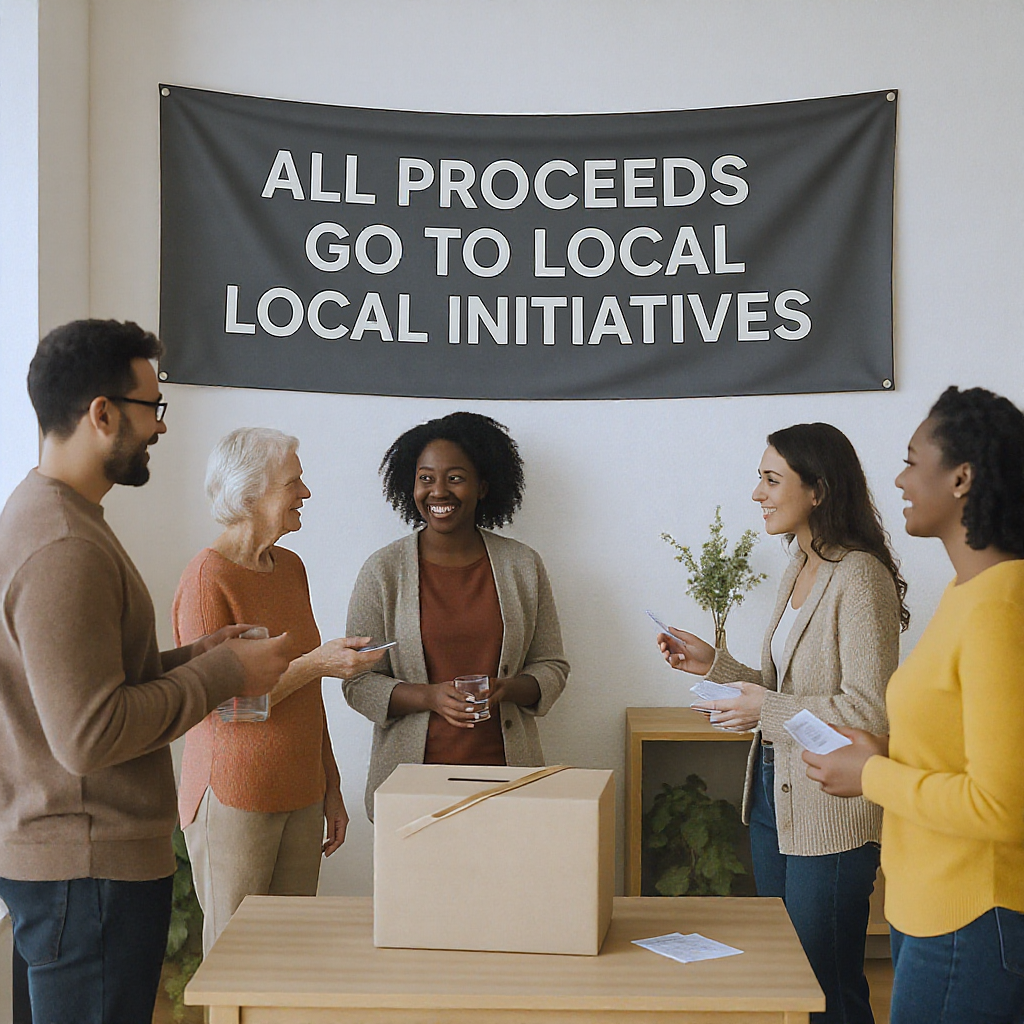 A community event in progress—diverse group of people at a small fundraiser with a banner reading 'All Proceeds Go to Lo...