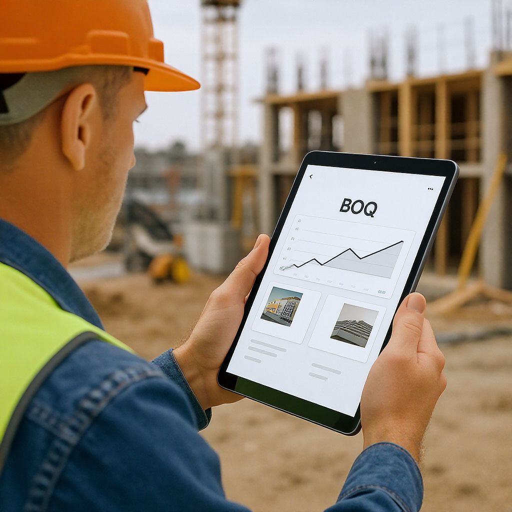 A construction site with a contractor holding a tablet, interacting with a mobile app interface showing BOQ lines and ph...