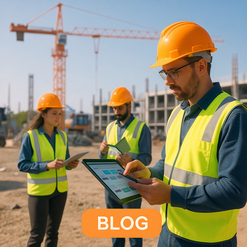A construction site with workers using tablets to check project workflows, modern equipment in the background, clear sun...