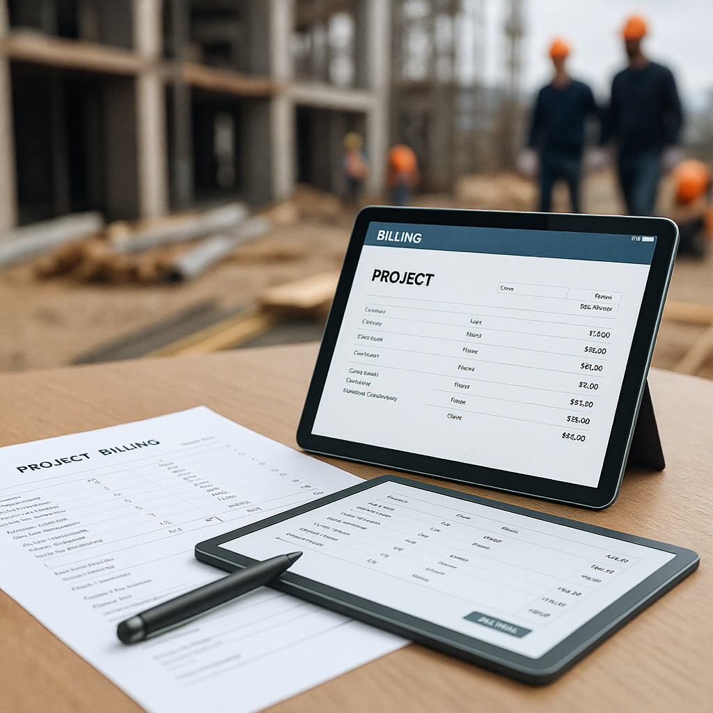 A construction project site with billing documents, a digital tablet showing an ERP interface, and workers in the backgr...