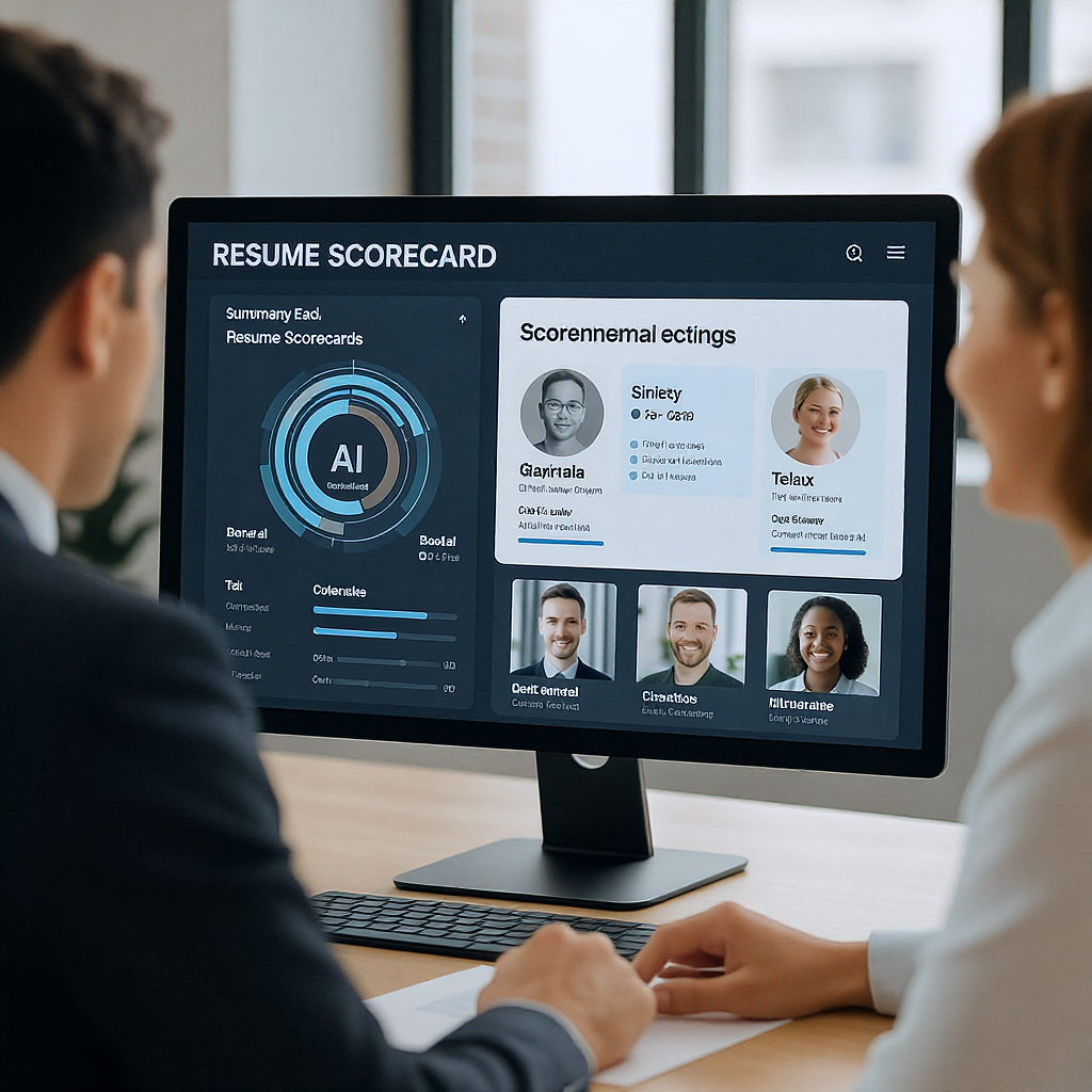 A modern office setup with a recruiter analyzing AI-generated resume scorecards on a sleek dashboard, with diverse candi...