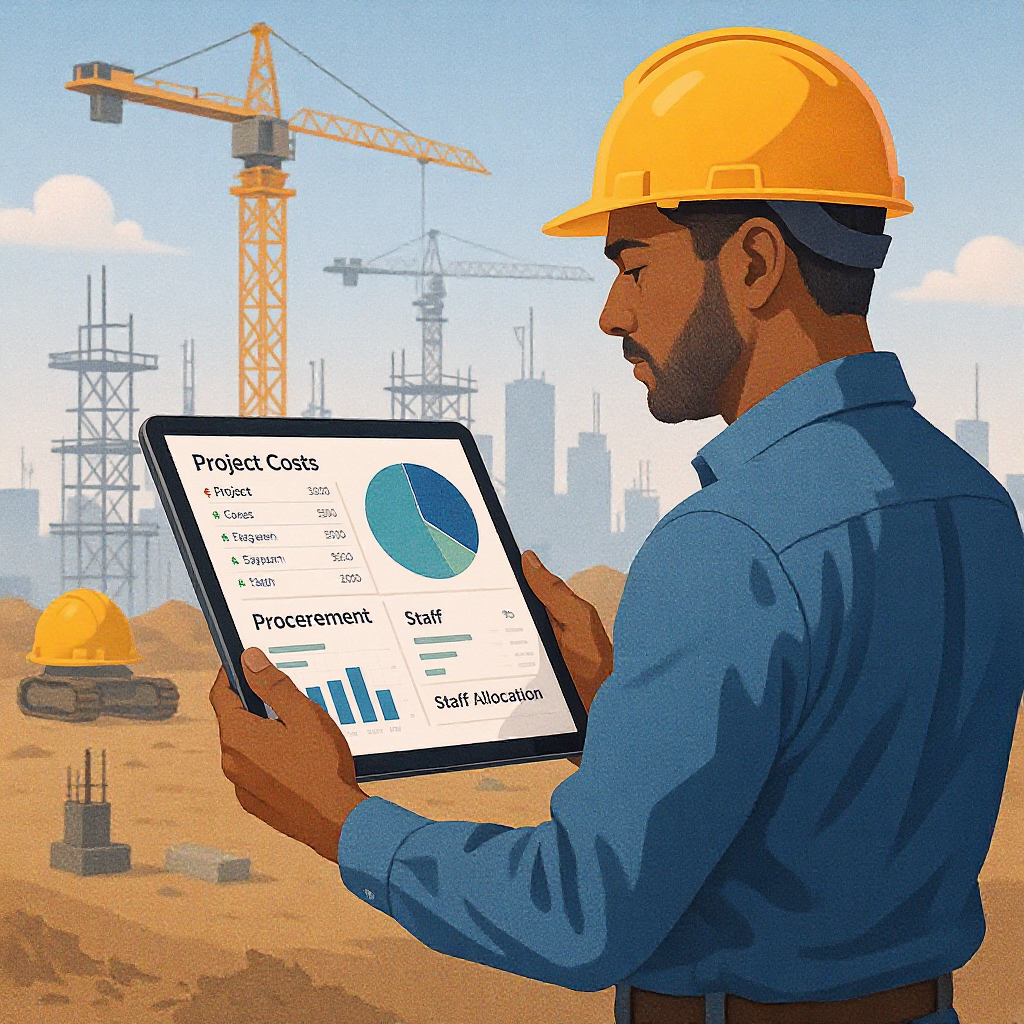A detailed illustration of a construction project manager using a tablet with real-time dashboards showing project costs...
