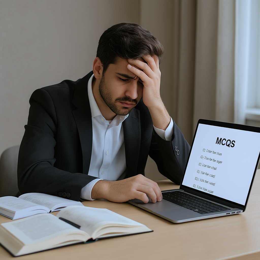 A stressed law student sitting at a desk filled with open books and a laptop, with a focused expression while answering...