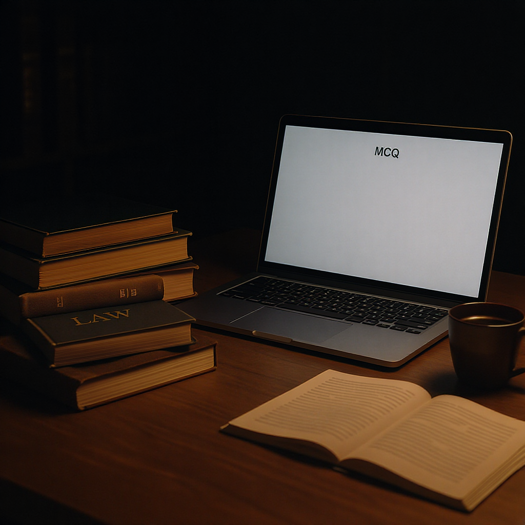 An intense study desk setup with law textbooks, a laptop displaying an MCQ question, and a cup of coffee. Dim lighting e...
