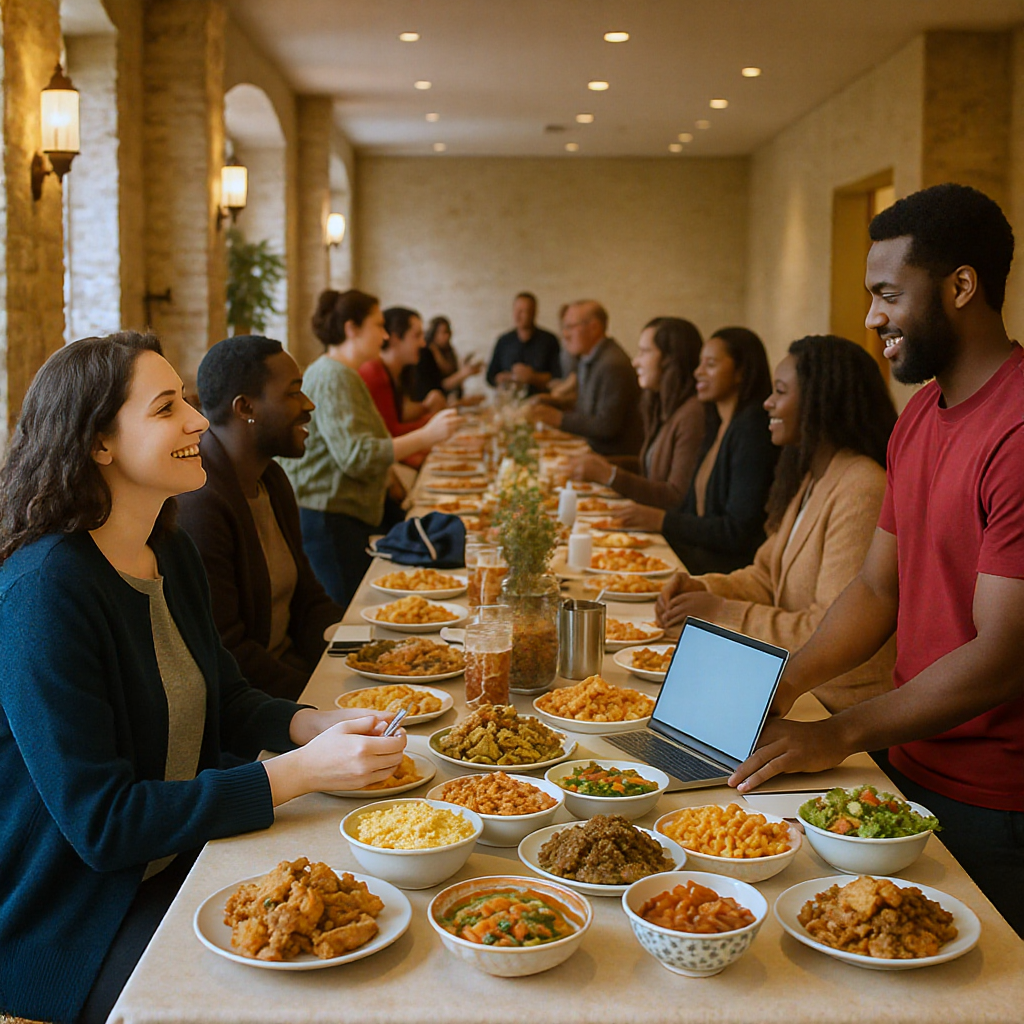 A community event in a warm, welcoming setting—tables with cultural food, diverse attendees interacting, a volunteer man...