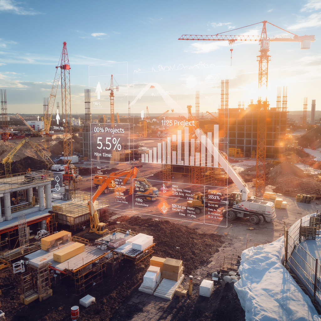A construction project site with multiple workers and machinery, overlaid with a futuristic digital dashboard showing re...