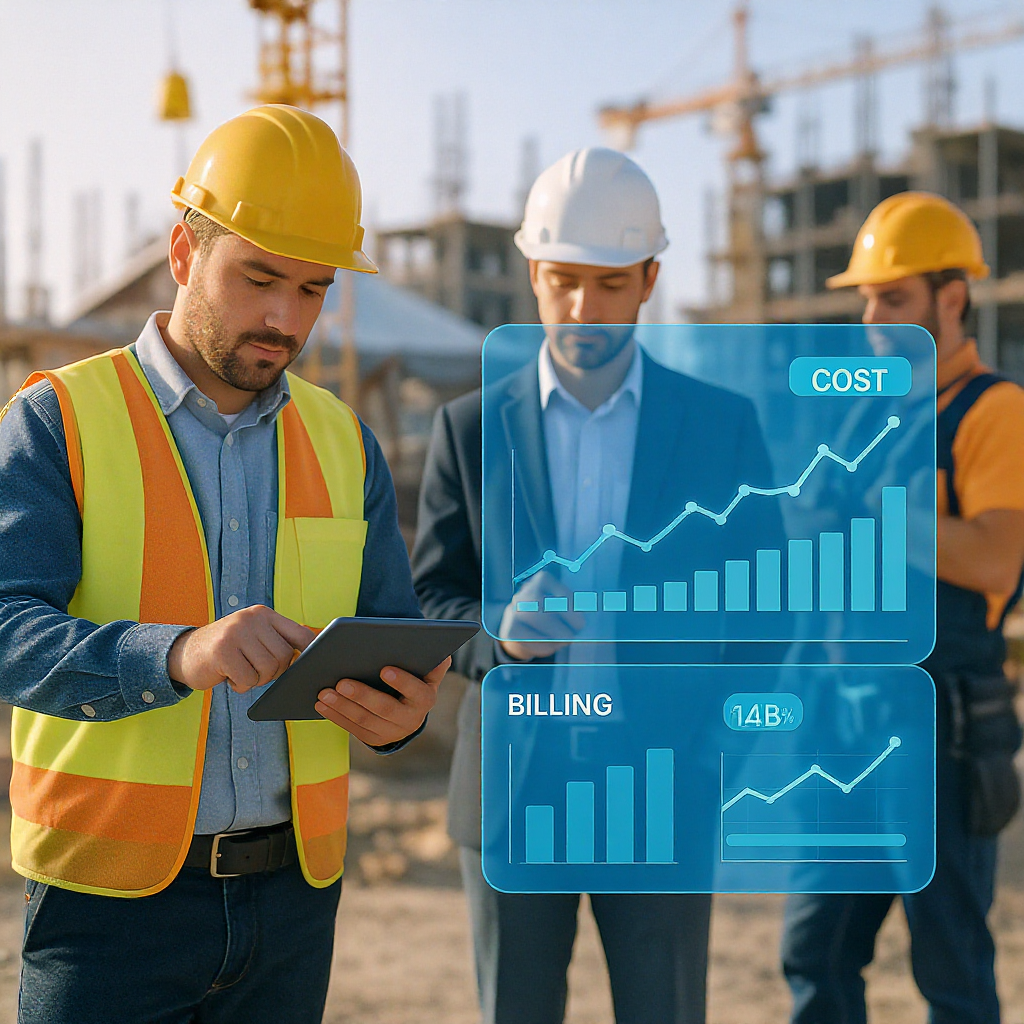 A construction site with workers and project managers using tablets, overlaid with digital dashboards displaying real-ti...