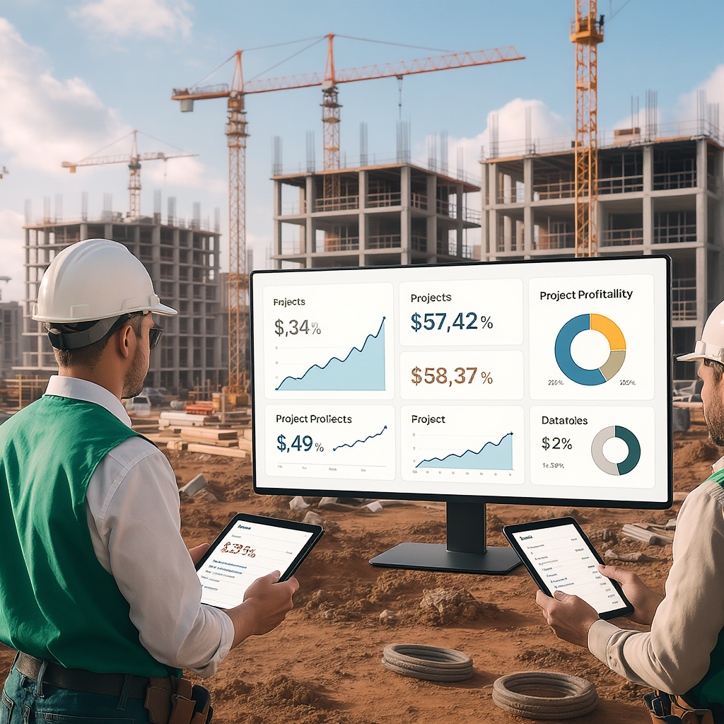 A construction site with multiple projects in progress, workers using tablets to track costs, and a visible digital dash...