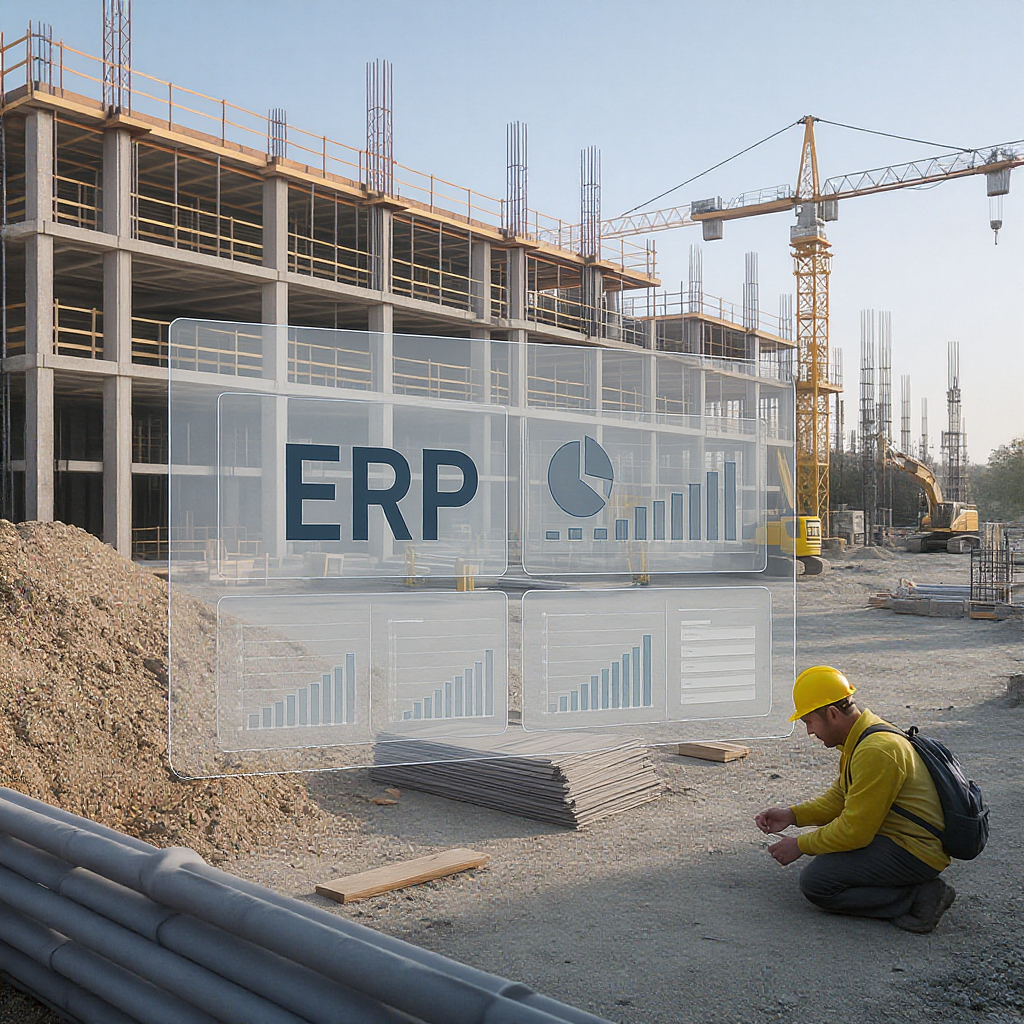 A modern construction project site with workers and machinery, overlaid with a transparent interface of ERP dashboards a...