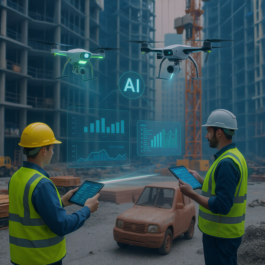 A futuristic construction site with AI-powered drones scanning materials and workers using tablets to monitor real-time...