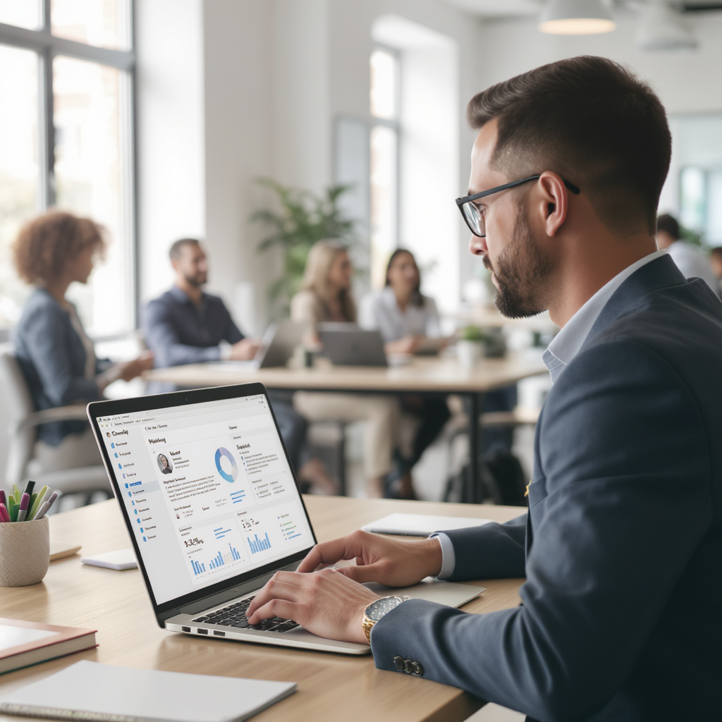 A recruiter sitting at a desk with a laptop open, showing an AI dashboard analyzing resumes. Bright, modern office envir...
