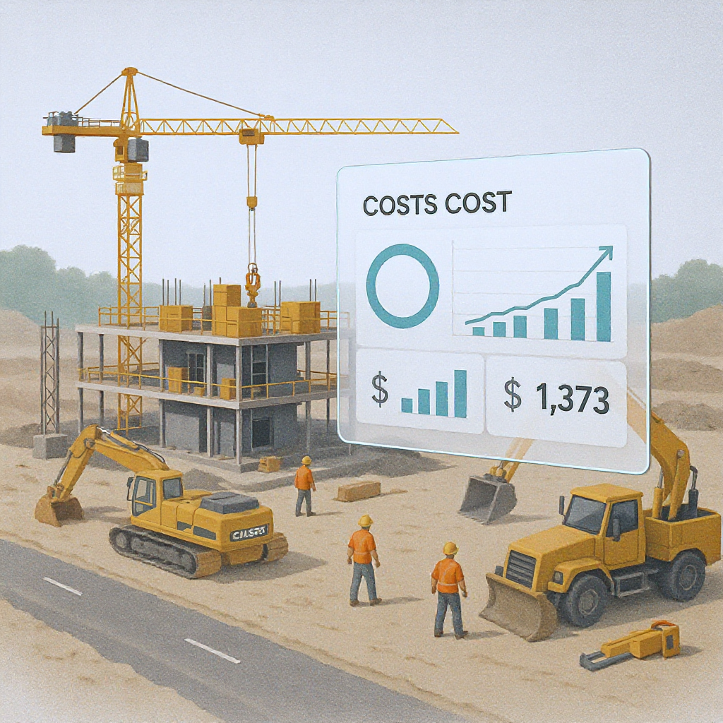 A detailed illustration of a construction project site with workers, equipment, and a digital dashboard overlay showing...