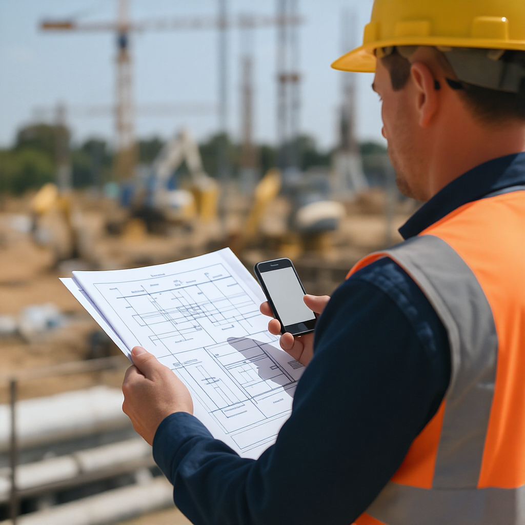 A construction site supervisor using a mobile app on their phone while reviewing blueprints on-site, with a blurred back...