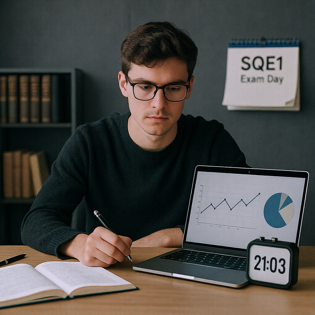 A focused student sitting at a desk with study materials, a laptop showing analytics charts, and a timer counting down....