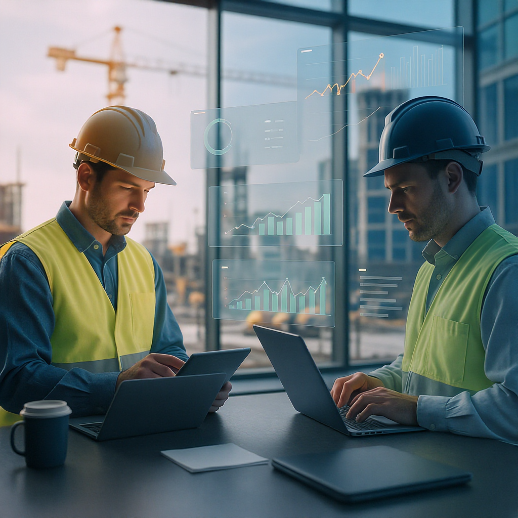 A modern construction site with workers using tablets and laptops, emphasizing technology and connectivity, with a subtl...