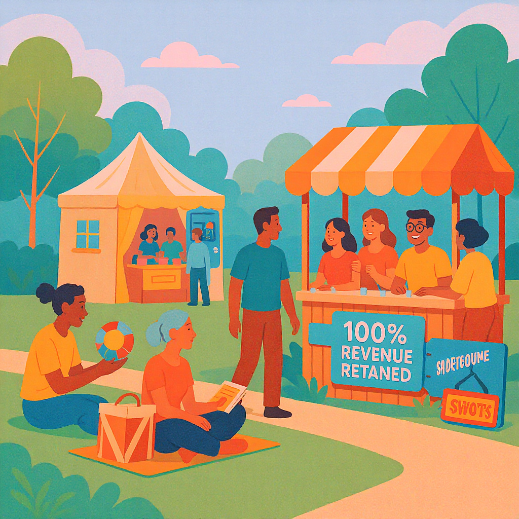 A vibrant illustration of a community event, showing diverse people enjoying activities and a ticket booth with a '100%...