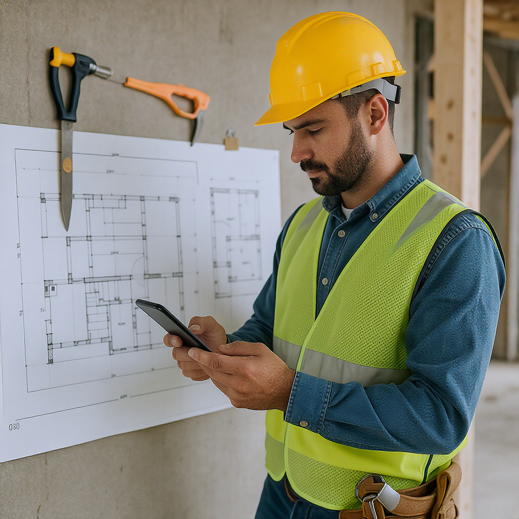 A contractor on a construction site using a mobile app to input data, with a clear view of blueprints and tools around t...
