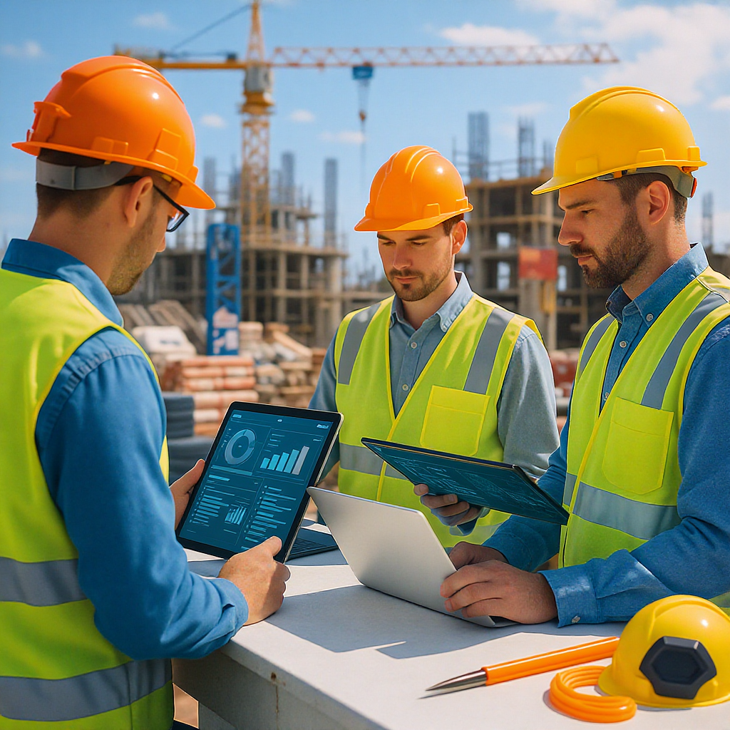 A construction site with workers using digital tablets and laptops, showing data dashboards in real-time, with cranes an...