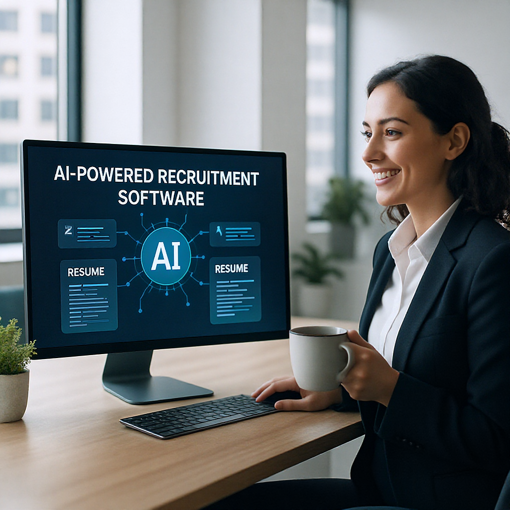 A modern office setting with a computer screen displaying AI-powered recruitment software analyzing resumes, with a recr...