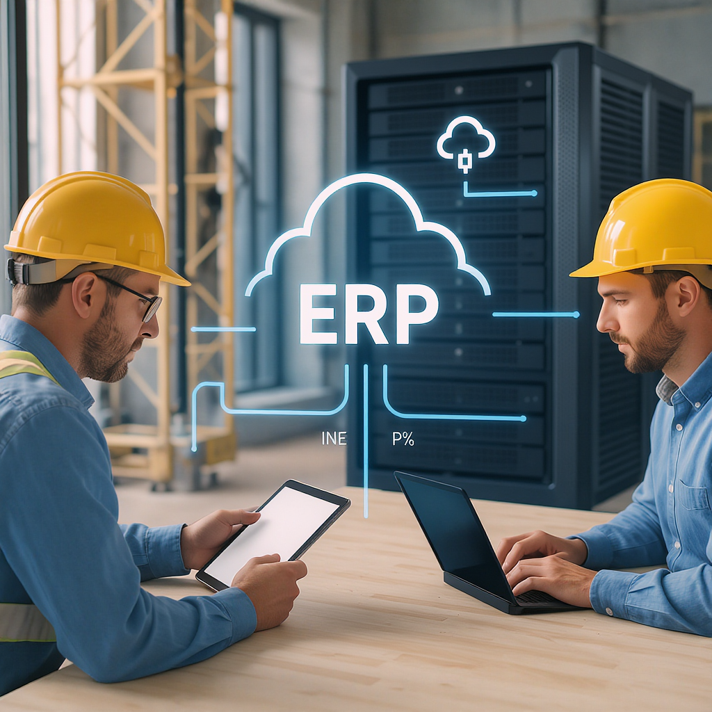 A modern construction site with workers using tablets and laptops, connected to a central server in the background, symb...
