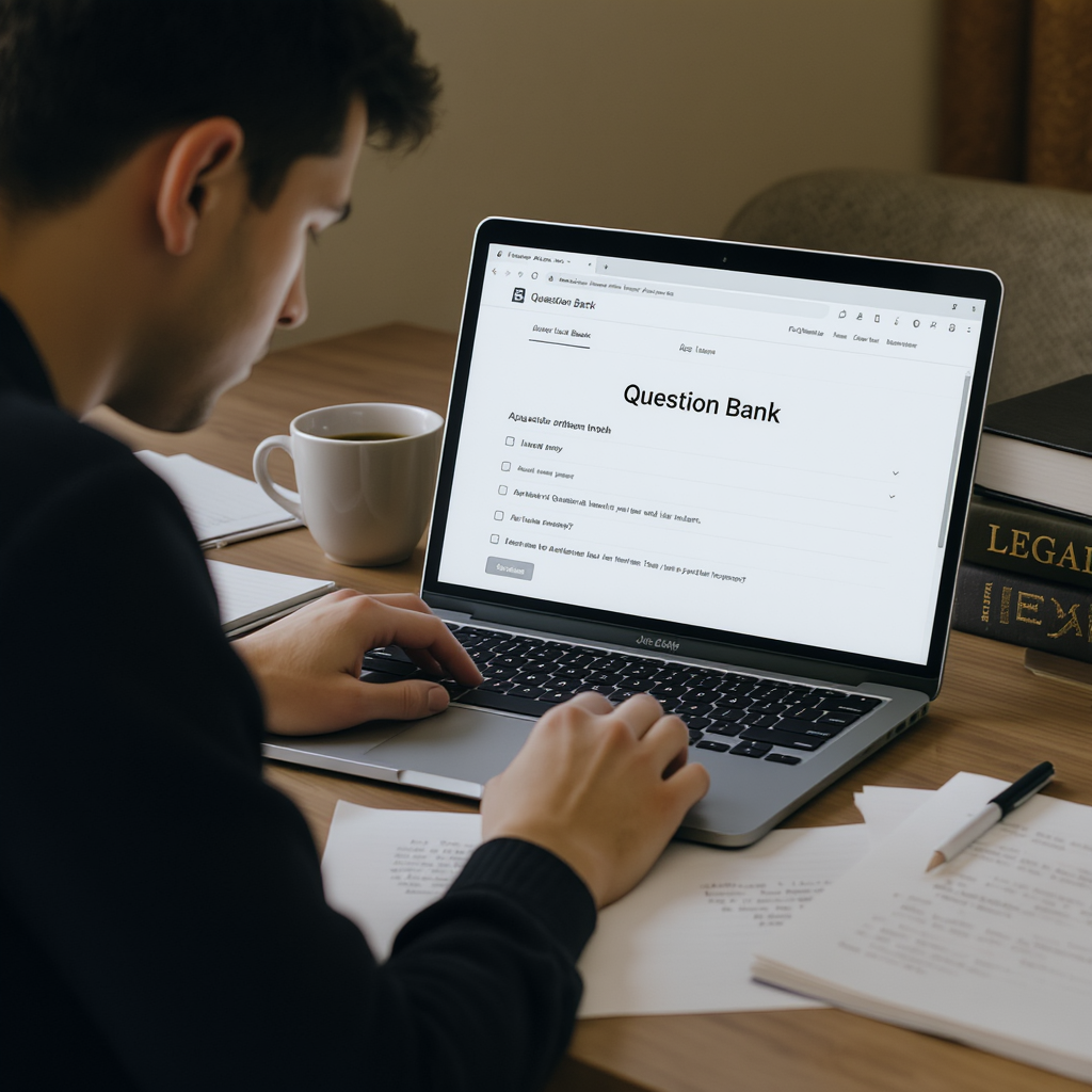 An intense study setup with a laptop displaying a question bank, legal textbooks on the side, and a cup of coffee. A foc...